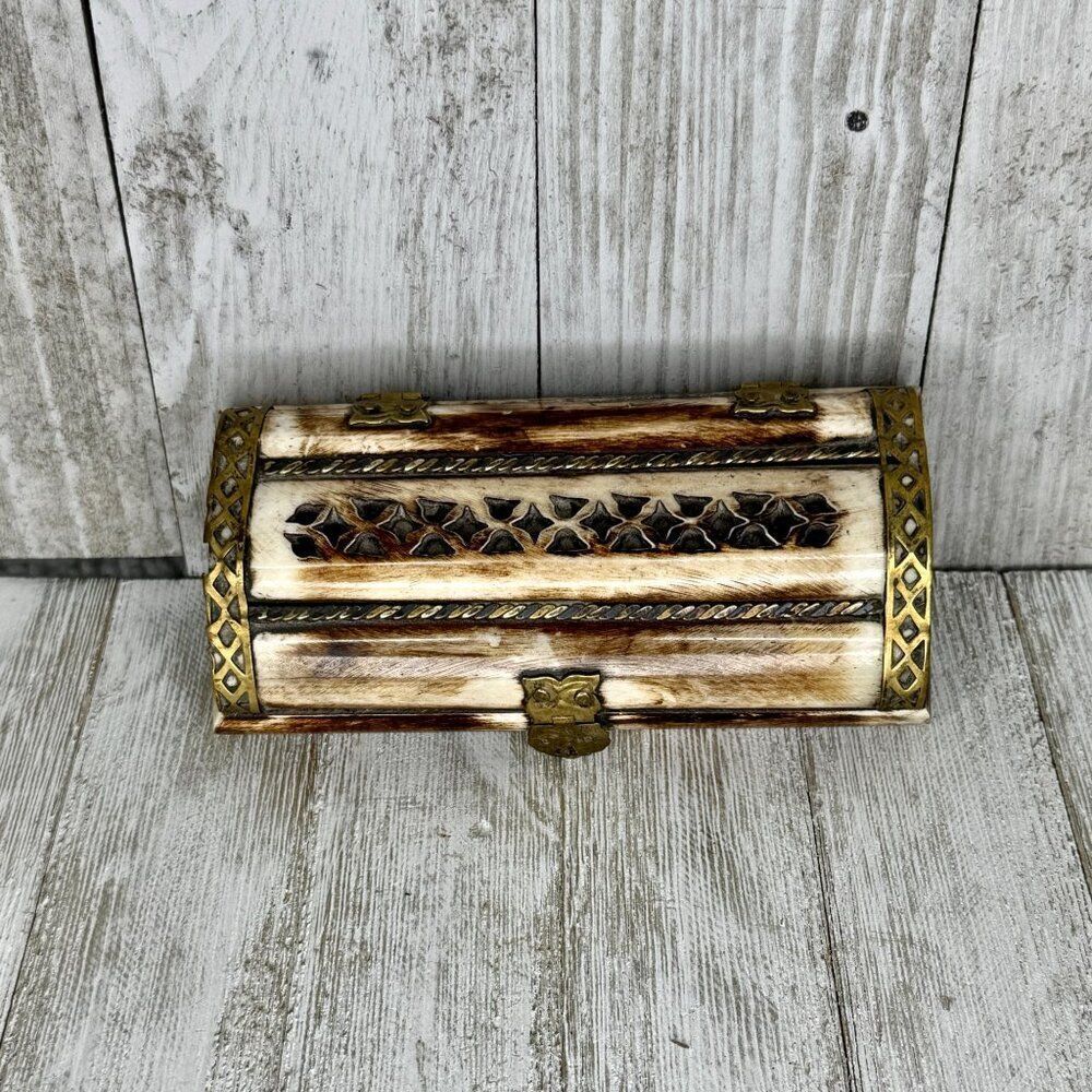 Vintage Hand Carved Moroccan Camel Bone and Brass Trinket Box